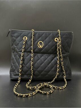 Vintage ST. JOHN Black Quilted Satin Double Chain Link Shoulder Straps Tote Bag